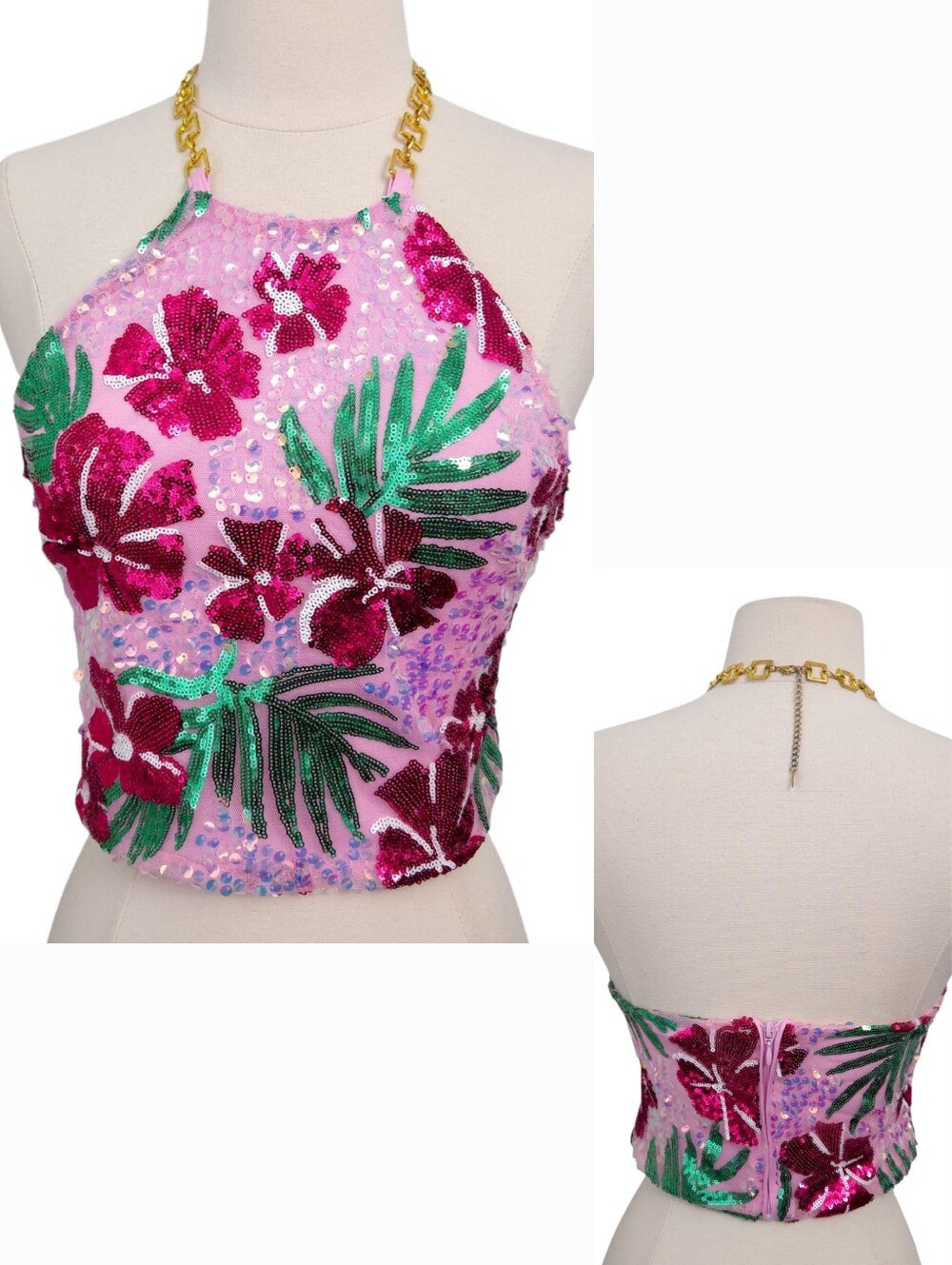 Rachel Zoe Sequin Pink Gold Floral Leaves Backless Halter Sleeveless Crop Top- S